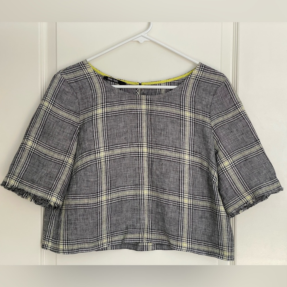MARC AUREL Plaid Linen Cropped Top XS US 2 EU 34 Raw Hem